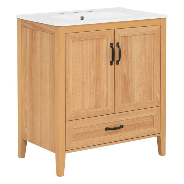 English Elm Video 30 Inch Farmhouse Bathroom Vanity with Ceramic Sink Rubberwood Legs Soft Close Storage N759P434900N