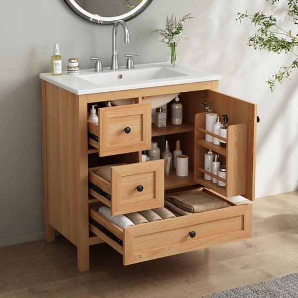 English Elm Video 30 Inch Freestanding Bathroom Vanity Wood Grain Finish with Ceramic Sink Soft Close Storage N759P434903N