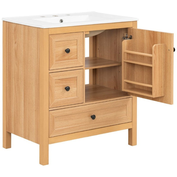 English Elm Video 30 Inch Freestanding Bathroom Vanity Wood Grain Finish with Ceramic Sink Soft Close Storage N759P434903N