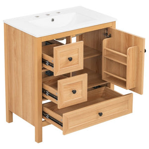 English Elm Video 30 Inch Freestanding Bathroom Vanity Wood Grain Finish with Ceramic Sink Soft Close Storage N759P434903N