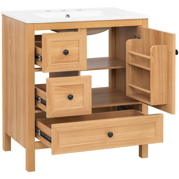 English Elm Video 30 Inch Freestanding Bathroom Vanity Wood Grain Finish with Ceramic Sink Soft Close Storage N759P434903N