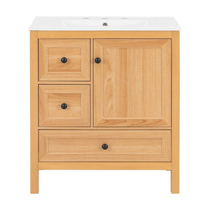 English Elm Video 30 Inch Freestanding Bathroom Vanity Wood Grain Finish with Ceramic Sink Soft Close Storage N759P434903N
