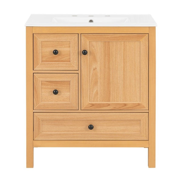 English Elm Video 30 Inch Freestanding Bathroom Vanity Wood Grain Finish with Ceramic Sink Soft Close Storage N759P434903N