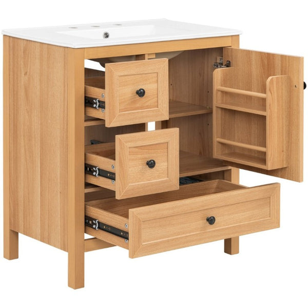 English Elm Video 30 Inch Freestanding Bathroom Vanity Wood Grain Finish with Ceramic Sink Soft Close Storage N759P434903N