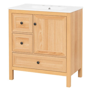 English Elm Video 30 Inch Freestanding Bathroom Vanity Wood Grain Finish with Ceramic Sink Soft Close Storage N759P434903N