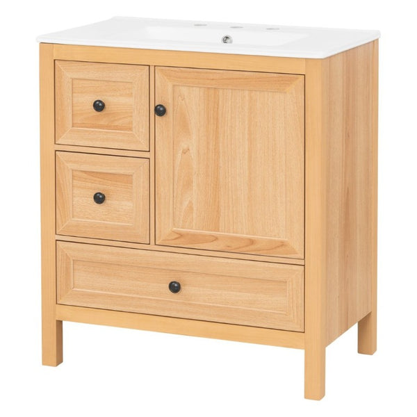 English Elm Video 30 Inch Freestanding Bathroom Vanity Wood Grain Finish with Ceramic Sink Soft Close Storage N759P434903N