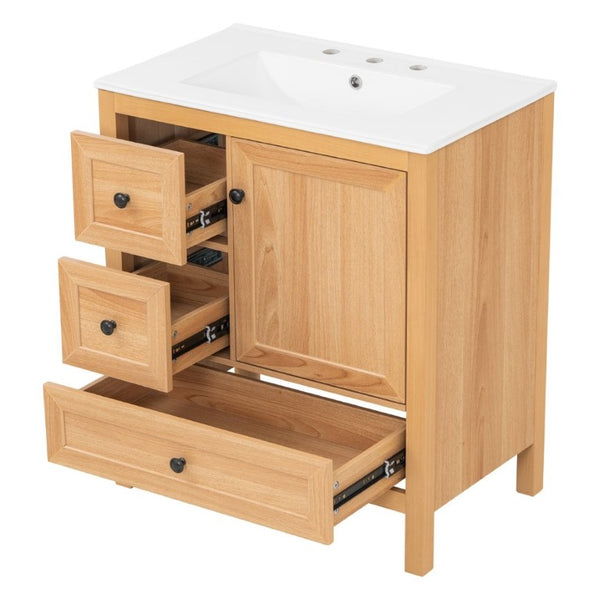 English Elm Video 30 Inch Freestanding Bathroom Vanity Wood Grain Finish with Ceramic Sink Soft Close Storage N759P434903N