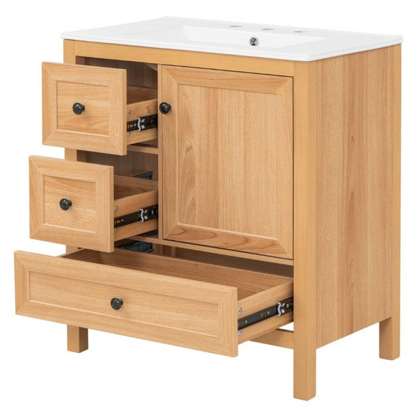English Elm Video 30 Inch Freestanding Bathroom Vanity Wood Grain Finish with Ceramic Sink Soft Close Storage N759P434903N