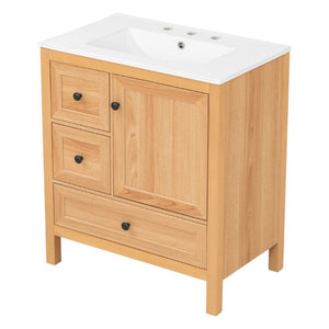 English Elm Video 30 Inch Freestanding Bathroom Vanity Wood Grain Finish with Ceramic Sink Soft Close Storage N759P434903N