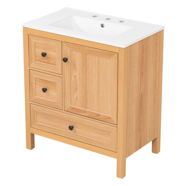 English Elm Video 30 Inch Freestanding Bathroom Vanity Wood Grain Finish with Ceramic Sink Soft Close Storage N759P434903N