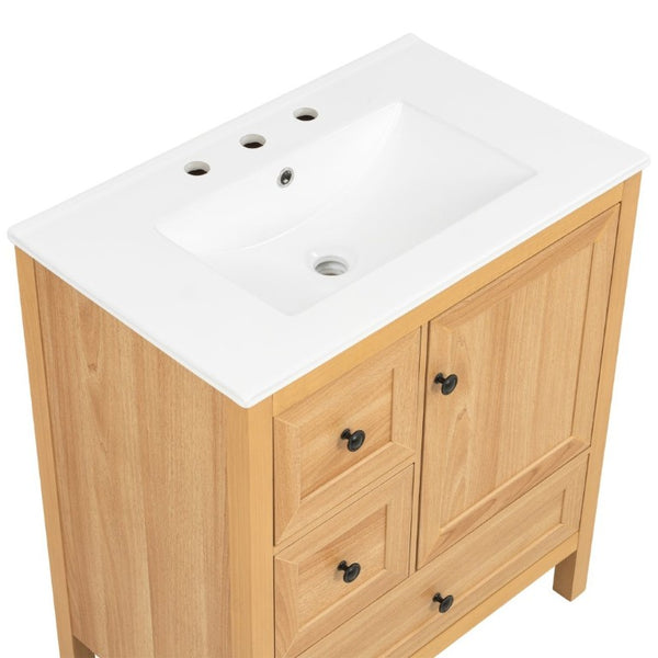 English Elm Video 30 Inch Freestanding Bathroom Vanity Wood Grain Finish with Ceramic Sink Soft Close Storage N759P434903N