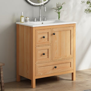 English Elm Video 30 Inch Freestanding Bathroom Vanity Wood Grain Finish with Ceramic Sink Soft Close Storage N759P434903N