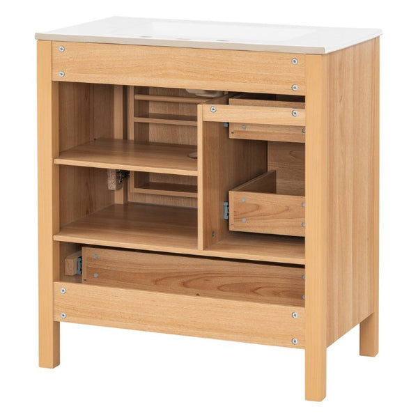 English Elm Video 30 Inch Freestanding Bathroom Vanity Wood Grain Finish with Ceramic Sink Soft Close Storage N759P434903N