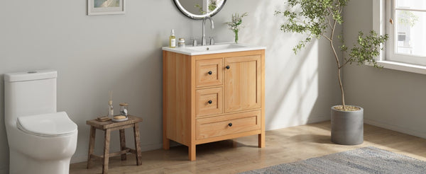 English Elm Video 30 Inch Freestanding Bathroom Vanity Wood Grain Finish with Ceramic Sink Soft Close Storage N759P434903N