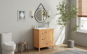 English Elm Video 30 Inch Freestanding Bathroom Vanity Wood Grain Finish with Ceramic Sink Soft Close Storage N759P434903N