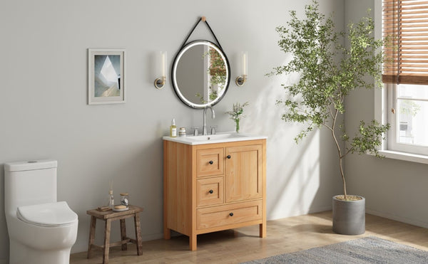 English Elm Video 30 Inch Freestanding Bathroom Vanity Wood Grain Finish with Ceramic Sink Soft Close Storage N759P434903N
