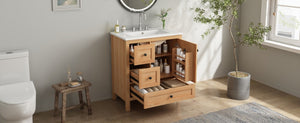 English Elm Video 30 Inch Freestanding Bathroom Vanity Wood Grain Finish with Ceramic Sink Soft Close Storage N759P434903N