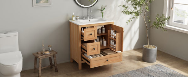 English Elm Video 30 Inch Freestanding Bathroom Vanity Wood Grain Finish with Ceramic Sink Soft Close Storage N759P434903N