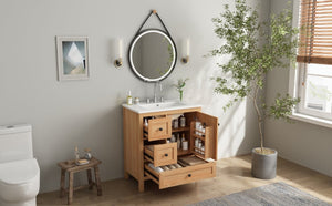 English Elm Video 30 Inch Freestanding Bathroom Vanity Wood Grain Finish with Ceramic Sink Soft Close Storage N759P434903N
