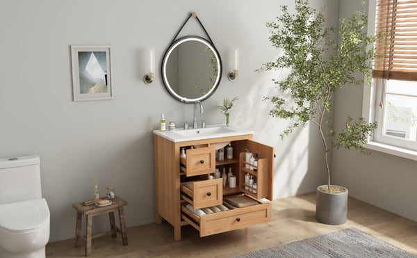 English Elm Video 30 Inch Freestanding Bathroom Vanity Wood Grain Finish with Ceramic Sink Soft Close Storage N759P434903N