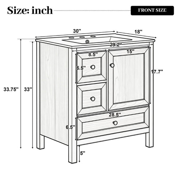 English Elm Video 30 Inch Freestanding Bathroom Vanity Wood Grain Finish with Ceramic Sink Soft Close Storage N759P434903N