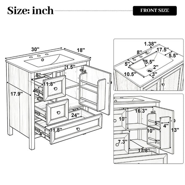 English Elm Video 30 Inch Freestanding Bathroom Vanity Wood Grain Finish with Ceramic Sink Soft Close Storage N759P434903N