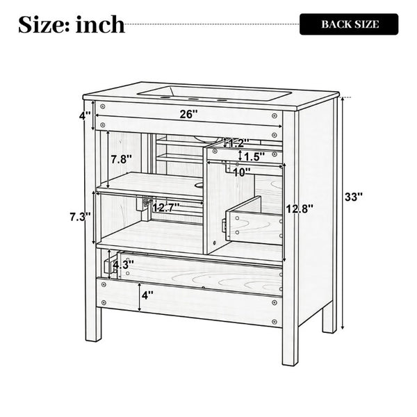 English Elm Video 30 Inch Freestanding Bathroom Vanity Wood Grain Finish with Ceramic Sink Soft Close Storage N759P434903N