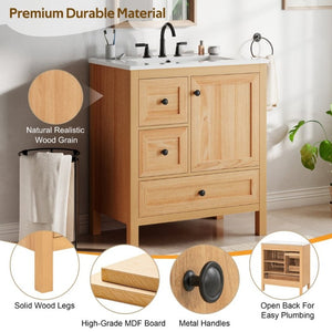 English Elm Video 30 Inch Freestanding Bathroom Vanity Wood Grain Finish with Ceramic Sink Soft Close Storage N759P434903N