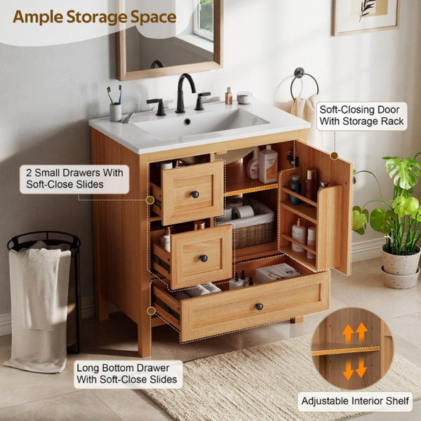 English Elm Video 30 Inch Freestanding Bathroom Vanity Wood Grain Finish with Ceramic Sink Soft Close Storage N759P434903N
