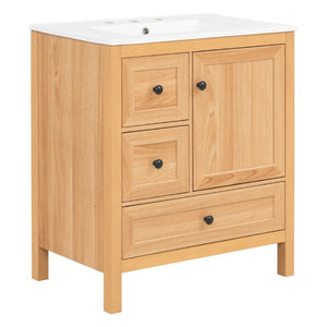 English Elm Video 30 Inch Freestanding Bathroom Vanity Wood Grain Finish with Ceramic Sink Soft Close Storage N759P434903N