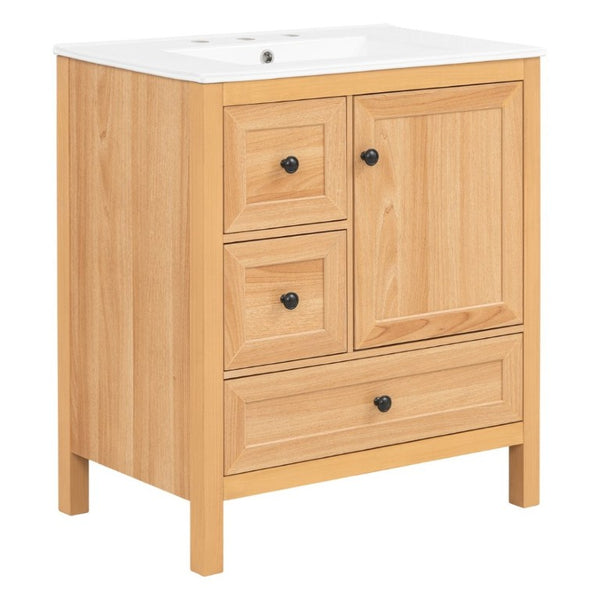 English Elm Video 30 Inch Freestanding Bathroom Vanity Wood Grain Finish with Ceramic Sink Soft Close Storage N759P434903N