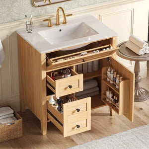English Elm Video 30 Inch Freestanding Bathroom Vanity Rubberwood Legs Ceramic Sink Soft Close Storage N759P435704N