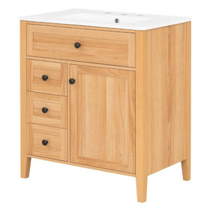 English Elm Video 30 Inch Freestanding Bathroom Vanity Rubberwood Legs Ceramic Sink Soft Close Storage N759P435704N
