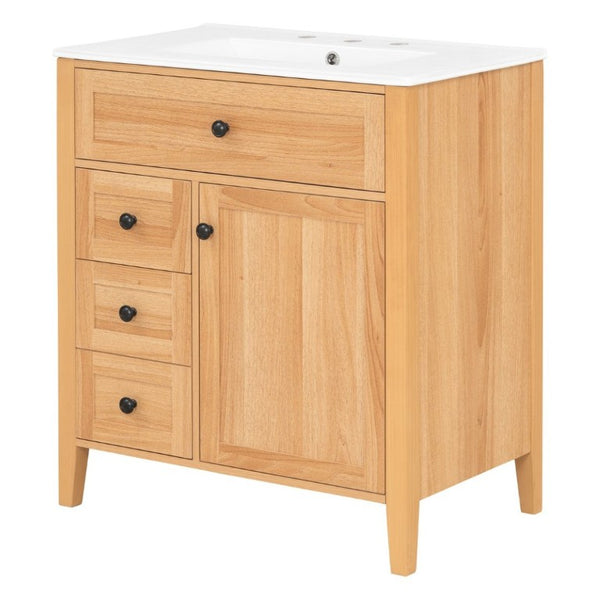 English Elm Video 30 Inch Freestanding Bathroom Vanity Rubberwood Legs Ceramic Sink Soft Close Storage N759P435704N