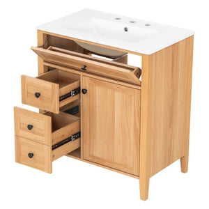 English Elm Video 30 Inch Freestanding Bathroom Vanity Rubberwood Legs Ceramic Sink Soft Close Storage N759P435704N