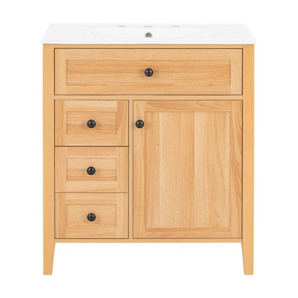 English Elm Video 30 Inch Freestanding Bathroom Vanity Rubberwood Legs Ceramic Sink Soft Close Storage N759P435704N