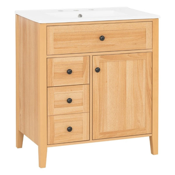 English Elm Video 30 Inch Freestanding Bathroom Vanity Rubberwood Legs Ceramic Sink Soft Close Storage N759P435704N