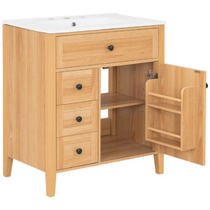 English Elm Video 30 Inch Freestanding Bathroom Vanity Rubberwood Legs Ceramic Sink Soft Close Storage N759P435704N