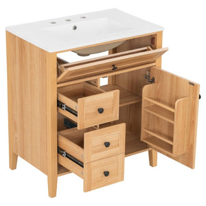 English Elm Video 30 Inch Freestanding Bathroom Vanity Rubberwood Legs Ceramic Sink Soft Close Storage N759P435704N
