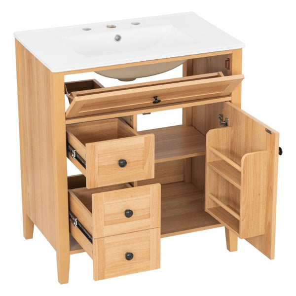 English Elm Video 30 Inch Freestanding Bathroom Vanity Rubberwood Legs Ceramic Sink Soft Close Storage N759P435704N