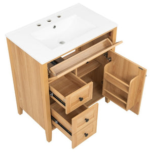 English Elm Video 30 Inch Freestanding Bathroom Vanity Rubberwood Legs Ceramic Sink Soft Close Storage N759P435704N