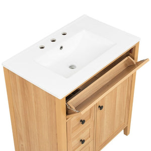 English Elm Video 30 Inch Freestanding Bathroom Vanity Rubberwood Legs Ceramic Sink Soft Close Storage N759P435704N