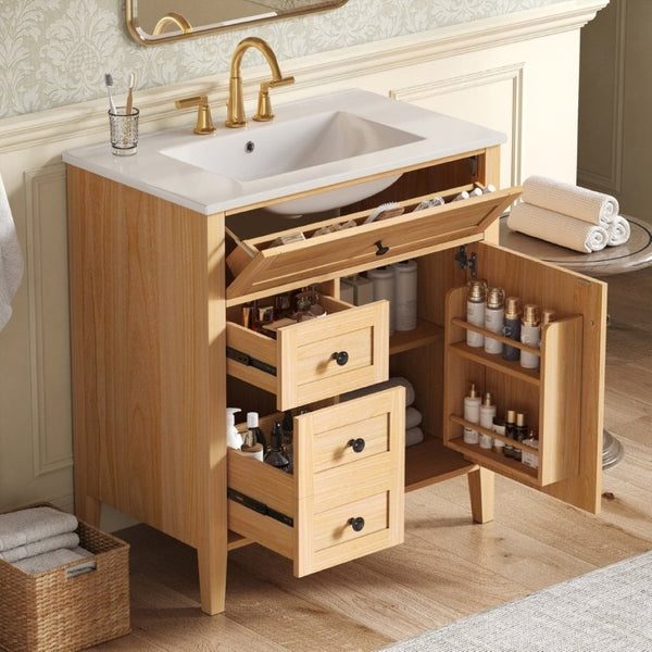 English Elm Video 30 Inch Freestanding Bathroom Vanity Rubberwood Legs Ceramic Sink Soft Close Storage N759P435704N