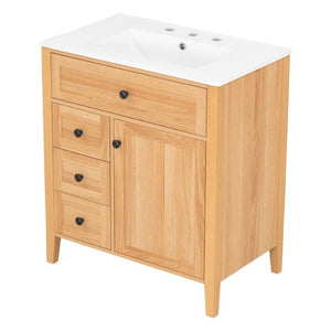 English Elm Video 30 Inch Freestanding Bathroom Vanity Rubberwood Legs Ceramic Sink Soft Close Storage N759P435704N