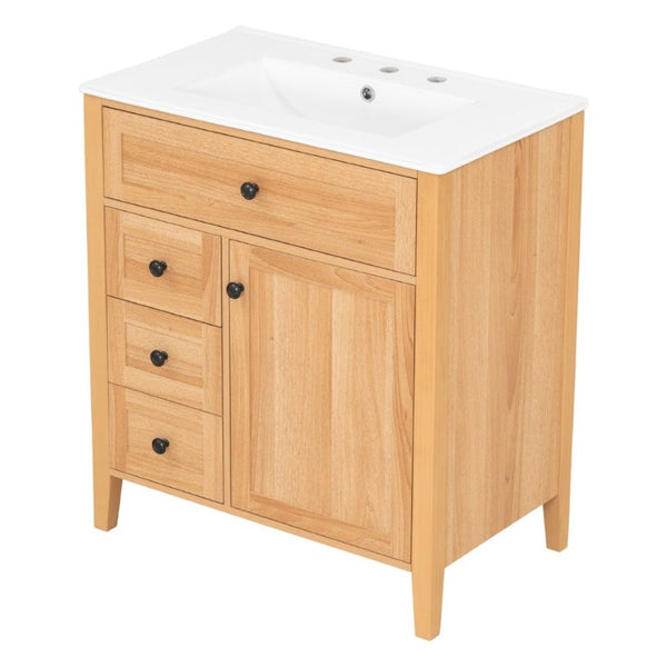 English Elm Video 30 Inch Freestanding Bathroom Vanity Rubberwood Legs Ceramic Sink Soft Close Storage N759P435704N
