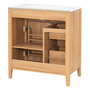 English Elm Video 30 Inch Freestanding Bathroom Vanity Rubberwood Legs Ceramic Sink Soft Close Storage N759P435704N