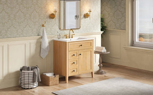 English Elm Video 30 Inch Freestanding Bathroom Vanity Rubberwood Legs Ceramic Sink Soft Close Storage N759P435704N