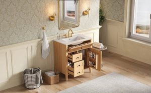 English Elm Video 30 Inch Freestanding Bathroom Vanity Rubberwood Legs Ceramic Sink Soft Close Storage N759P435704N