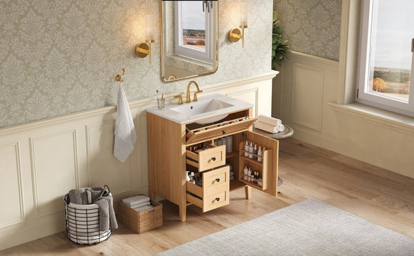 English Elm Video 30 Inch Freestanding Bathroom Vanity Rubberwood Legs Ceramic Sink Soft Close Storage N759P435704N