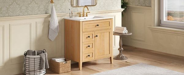 English Elm Video 30 Inch Freestanding Bathroom Vanity Rubberwood Legs Ceramic Sink Soft Close Storage N759P435704N